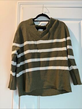 Ava & Viv Olive Green and White Striped V-Neck Sweater